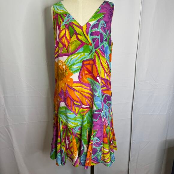 Lauren Ralph Lauren Petite Tropical Floral V-Neck Flounce Hem Dress 12P - Picture 2 of 9